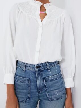 Pomander Place White Smocked-Yoke Ruffle Collar Button Front Blouse size small